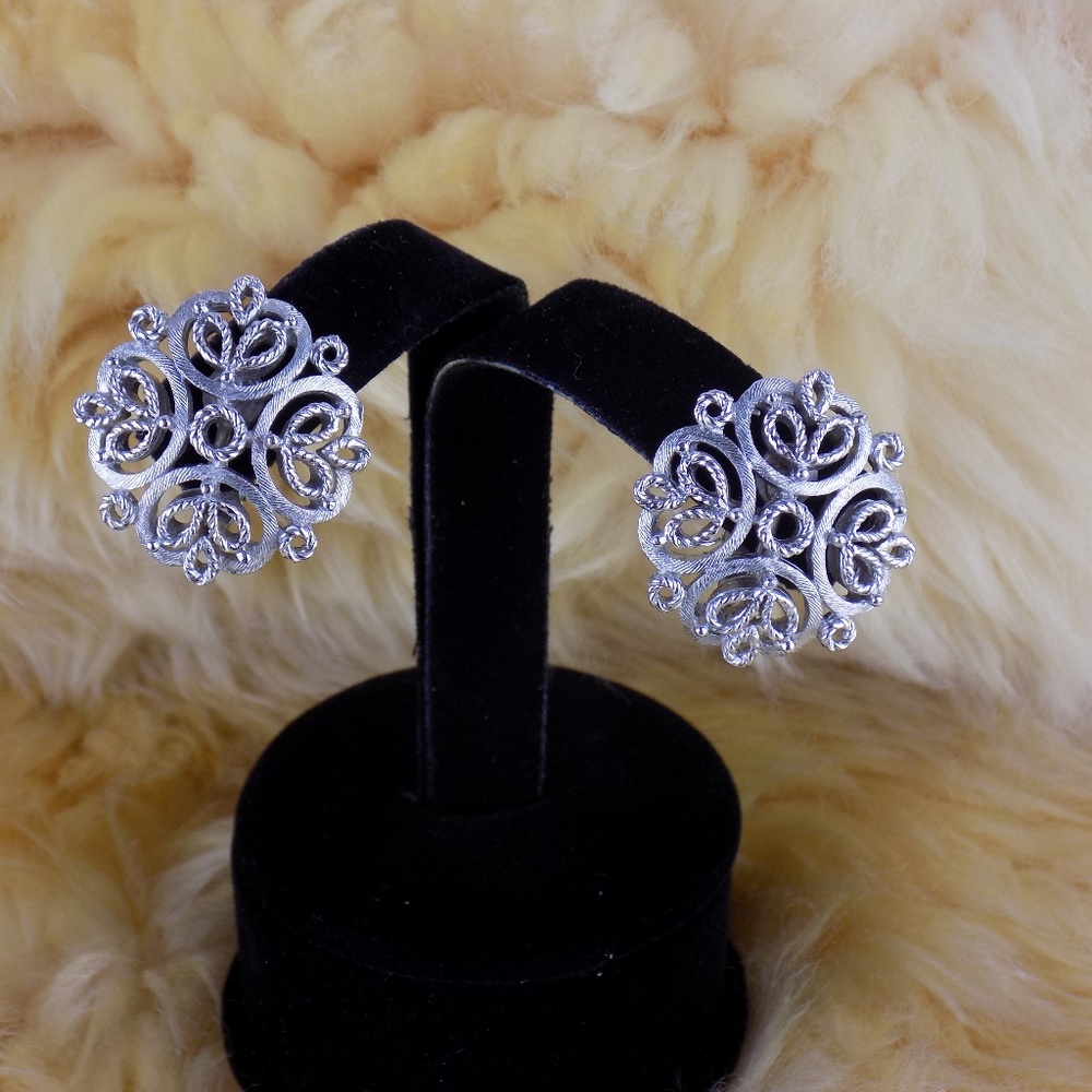 Trifari VTG Brushed Lacy Openwork earrings clip on